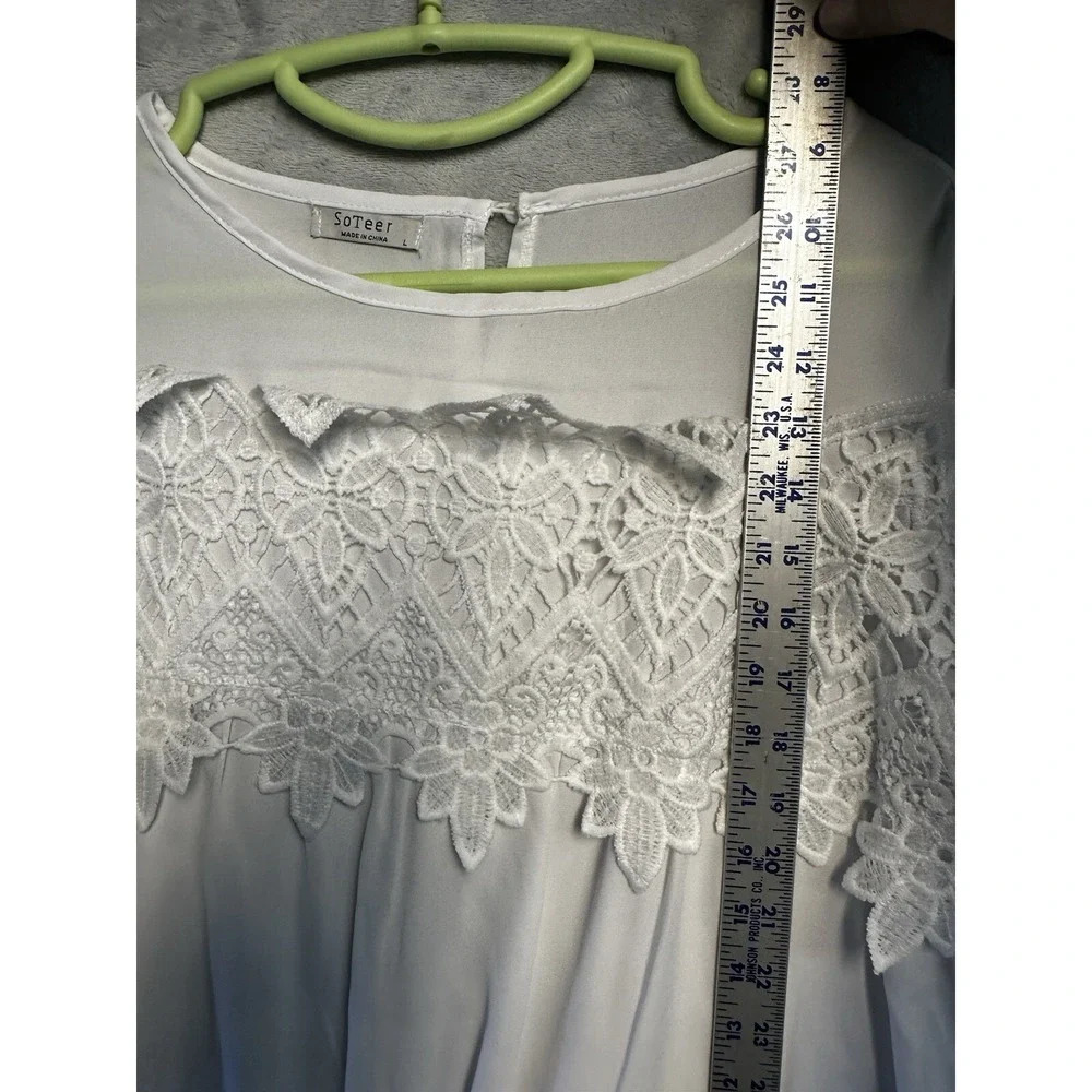 SoTeer White Crochet Lace Long Sleeve Blouse‎ Boho Keyhole Back Top L